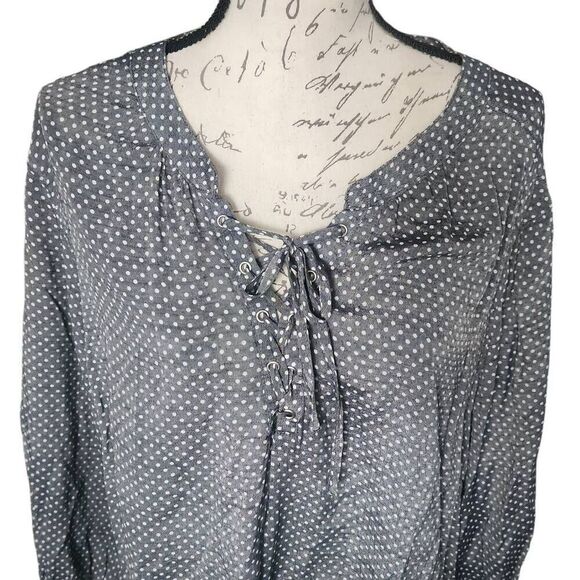 Fred David Women's Size 2X Gray White Polka Dot Lace Up 3/4 Sleeve Blouse - Picture 4 of 7